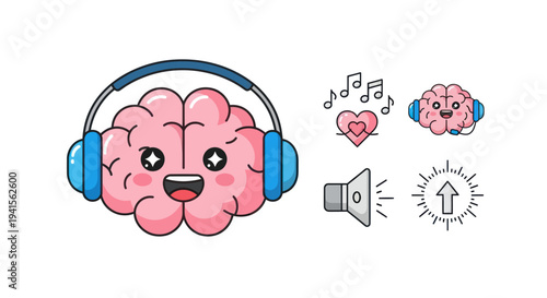 A cute and happy pink cartoon brain character wearing large blue headphones and smiling.