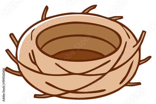 Simple illustration of an empty bird nest made of twigs and straw