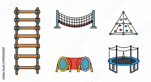 Playground Equipment Set with Ladder, Net, Tunnel, Trampoline, and Climbing Structure.