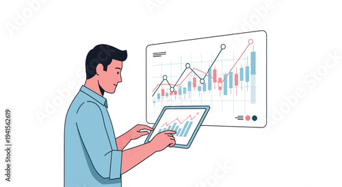 Young man analyzing financial data and business charts on digital screen and tablet.
