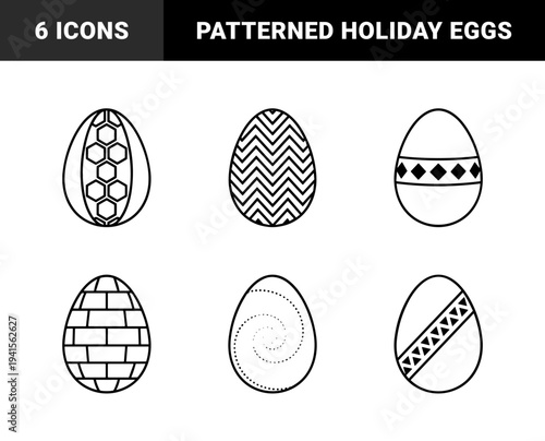 Easter egg outline illustrations with geometric patterns and linear textures. Minimalist holiday silhouettes for festive greeting cards and coloring activities.