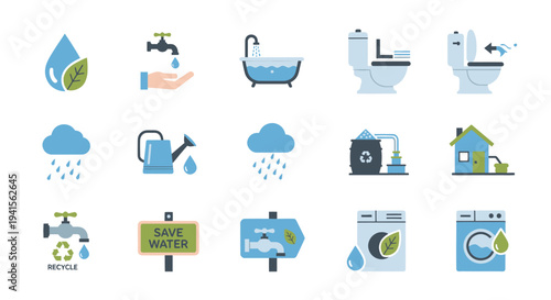Collection of Icons Representing Water Conservation and Usage.