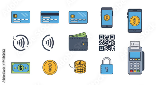 Collection of Payment Methods: Credit Cards Smartphones Wallet QR Code and POS Terminal.