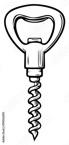 Black and white illustration of a corkscrew for opening wine bottles