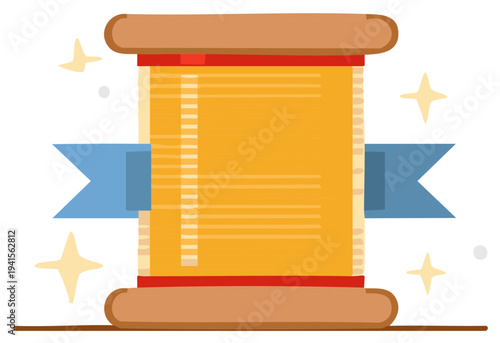 A charming illustration of a golden spool of thread with a blue ribbon and shiny sparkles