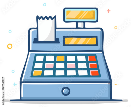Vintage style cartoon cash register with receipt and buttons for commerce