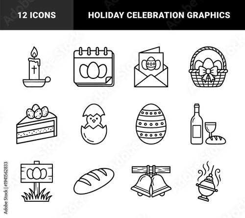 Easter holiday celebration and religious tradition symbols. Monolinear black and white graphics featuring paschal eggs, church candles, and festive food.