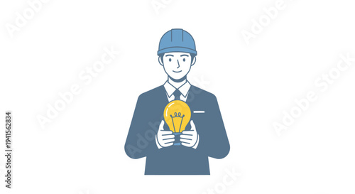 Male engineer in a suit and hard hat holding a glowing lightbulb symbolizing a new idea.