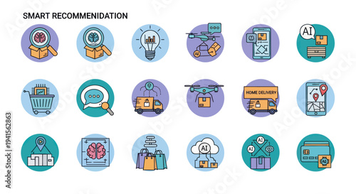 Colorful Flat Design Smart Recommendation AI E-commerce Icons Set.