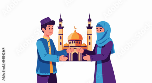 Muslim man and woman greeting each other with respect.