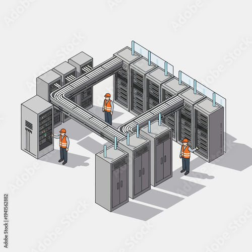 Isometric view of a modern data center with server racks and technicians.
