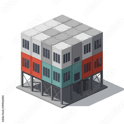 Isometric view of a modern modular building with colorful stacked units.