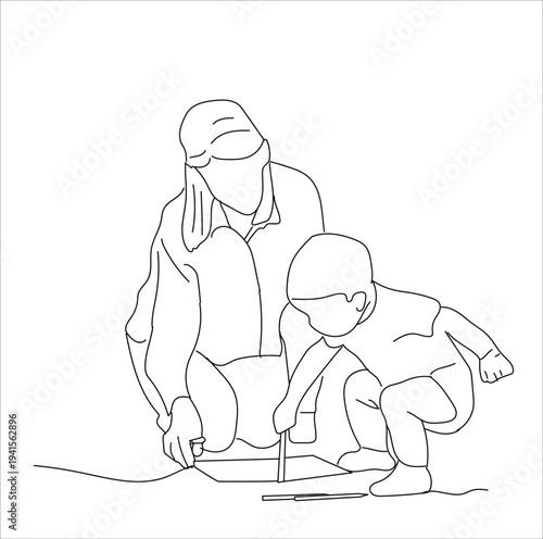 mother accompanies child playing line art