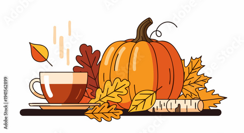 Autumn Still Life with Pumpkin, Tea, and Colorful Leaves.
