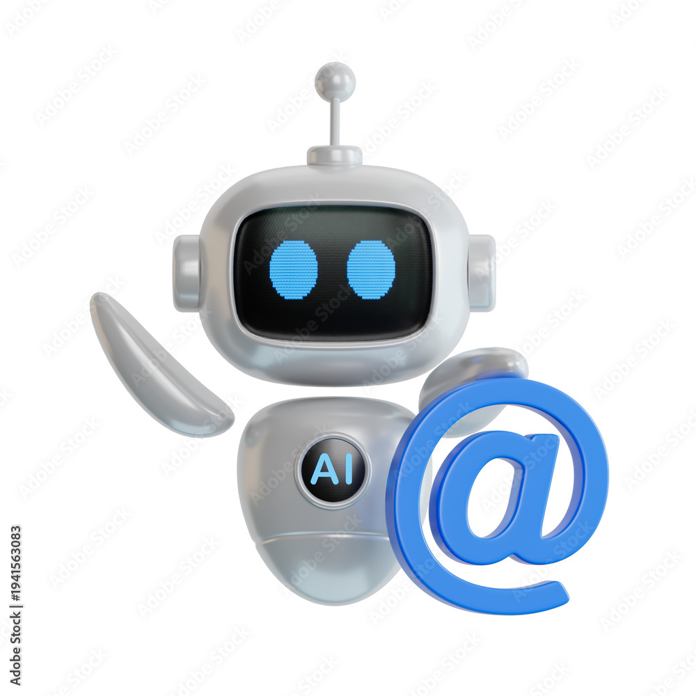Fototapeta premium 3D illustration of ai robot standing with a email symbol. business and contact concept. Transparent Background Mockup.Supports PNG files with transparent backgrounds.