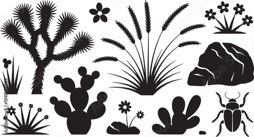 Collection of desert plants and insects silhouettes, joshua tree, cactus, grass, flowers and beetle
