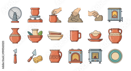 Collection of Pottery and Ceramic Icons in Flat Design Style.