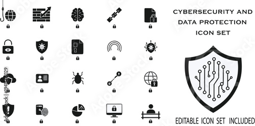 Cybersecurity and data protection icon set with lock and shield editable vector art on transparent background