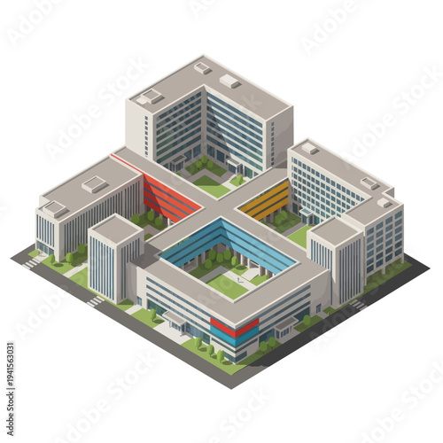 Isometric view of a modern university campus with multiple buildings and green courtyards.