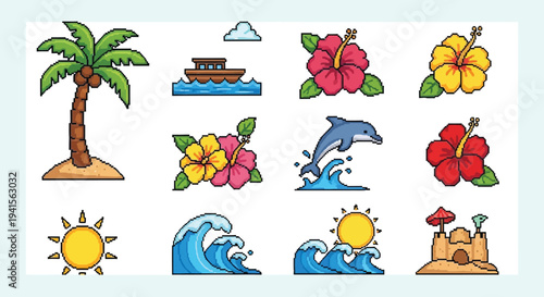 A vibrant collection of tropical icons including palm trees flowers a boat and a dolphin in a pixelated style silhouette