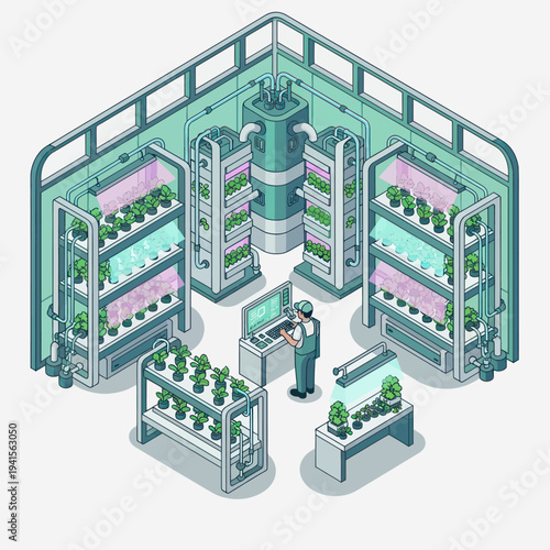 Isometric view of a modern vertical farm with a scientist monitoring plant growth.