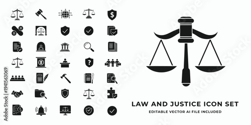 Law and justice vector icon set with scales and gavel on white background editable vector art