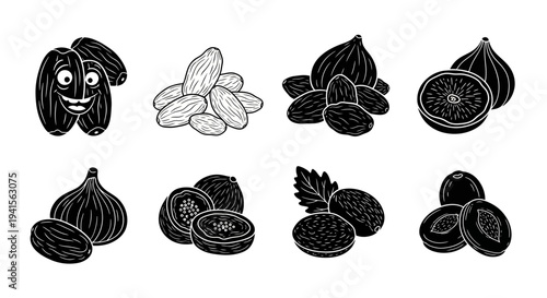 Set of various dried fruits and nuts in black and white vector illustrations for healthy snack concepts