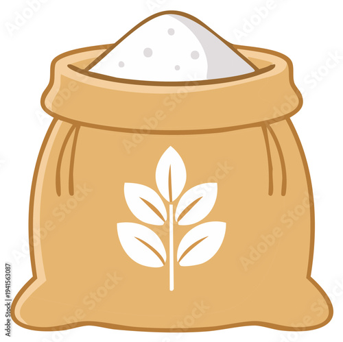 Full brown sack of white flour with grain symbol, baking ingredient vector illustration