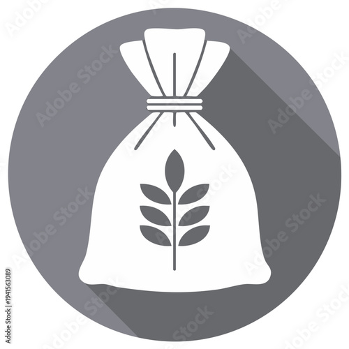 White sack with wheat stalk symbol inside gray circle flat design icon