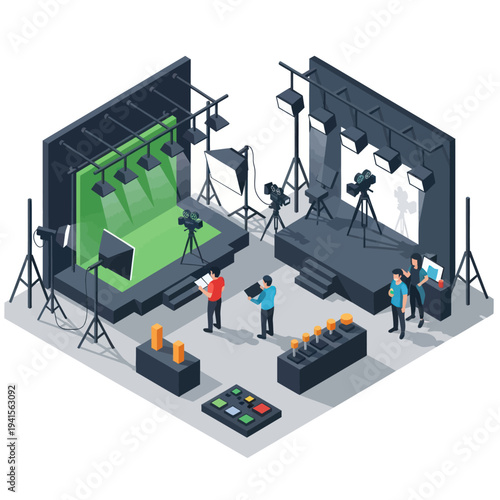 Isometric view of a professional film and television production studio with crew and equipment.