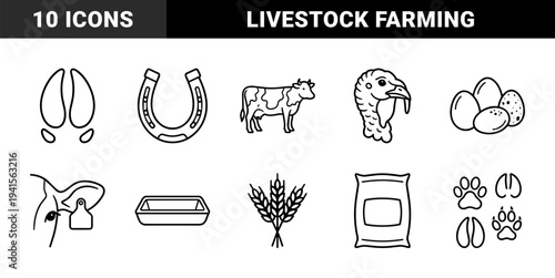 Livestock farming and animal husbandry line art elements. Technical monoline pictograms for agricultural management, dairy production, and ranching infographics.