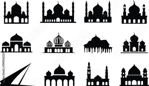 Set of 12 mosque icons vector, black silhouette illustrations