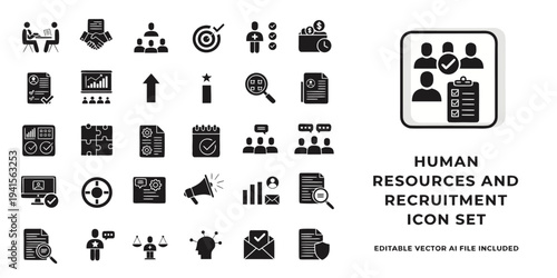 Human resources and recruitment icon set featuring hiring process interview teamwork search and employee management symbols for business vector