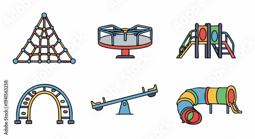 Playground equipment set illustration, various colorful structures for kids.
