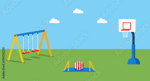 Playground scene with swings, basketball hoop, and ball.