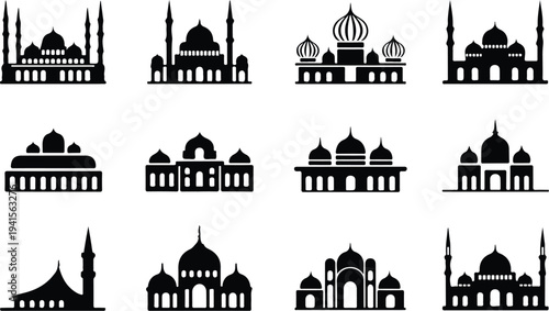 Set of 12 mosque icons vector, black silhouette style