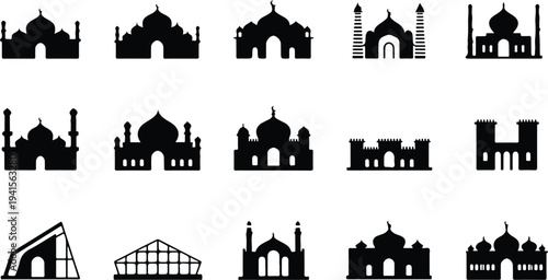 Set of 20 mosque icons vector, black silhouette illustrations