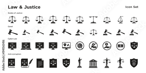 A collection of black and white law and justice icons including scales, gavels, cyber law symbols, and anti-corruption imagery