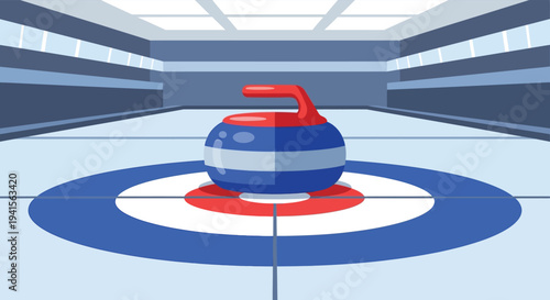 A colorful curling stone rests on a target within an indoor ice rink presented as a flat silhouette high quality professional