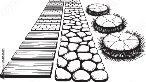 Garden path options brick, cobblestone and wooden planks with potted plants