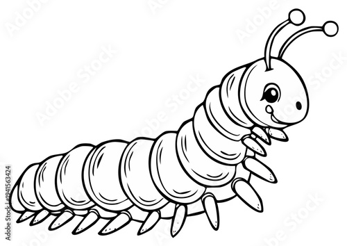 Cute Cartoon Caterpillar with Big Eyes and Antennae Line Art Illustration for Children