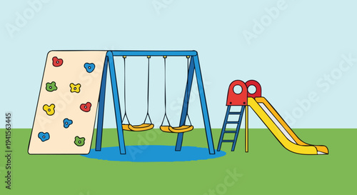 Childrens playground with climbing wall swings and slide.