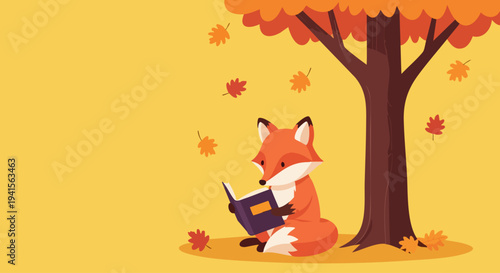 Fox Reading a Book Under Autumn Tree with Falling Leaves.