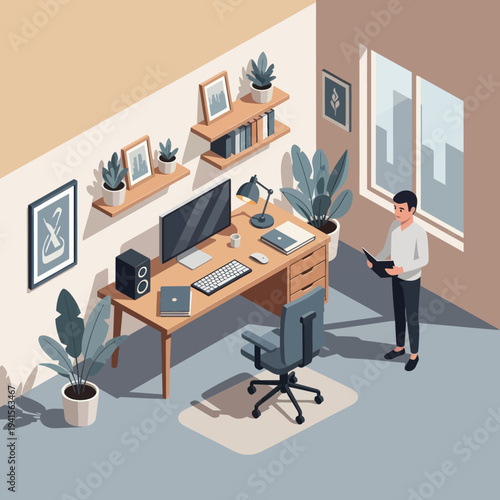 Man standing in home office holding a tablet.