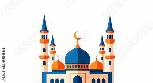 Beautiful Islamic Mosque with Blue Dome and Minarets.