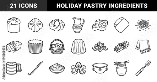 Traditional Easter baking and festive pastry preparation elements. Linear outline illustrations featuring holiday bread, braided dough, and culinary ingredients.