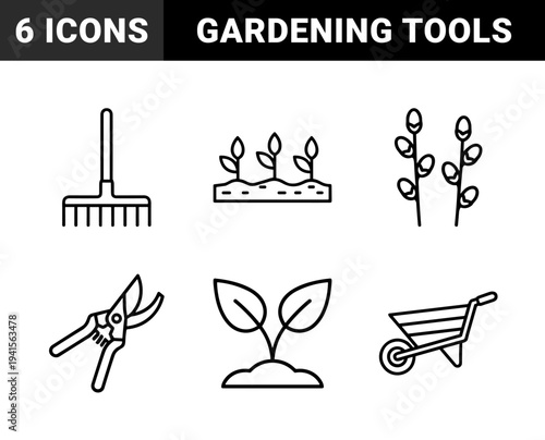 Gardening and horticulture maintenance equipment featuring monolinear organic growth and landscaping tools for environmental design projects.