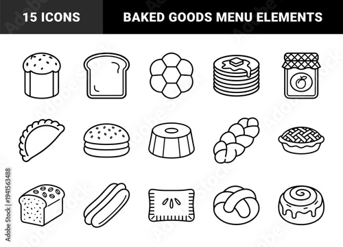 Bakery products and breakfast pastry elements for cafe menus. Bold monoline linear pictograms featuring bread, pancakes, and sweet desserts.