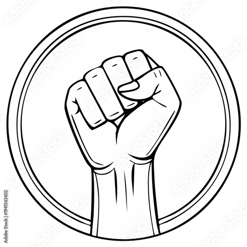 Raised clenched fist inside a circular frame illustration, black and white