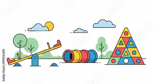 Colorful Playground Equipment - Seesaws, Tunnel, and Pyramid Structure.